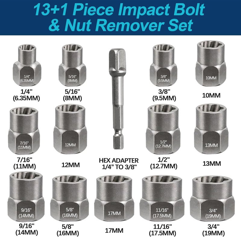Doaho 13+1Pcs Impact Bolt Extractor Kit & Lug Nut Removal Tool, Cr-Mo Rounded Bolt Remover, Stripped Bolt Extractor Set with Solid Storage Case for Removing Damaged, Rusted, Nuts and Bolts - Image 2